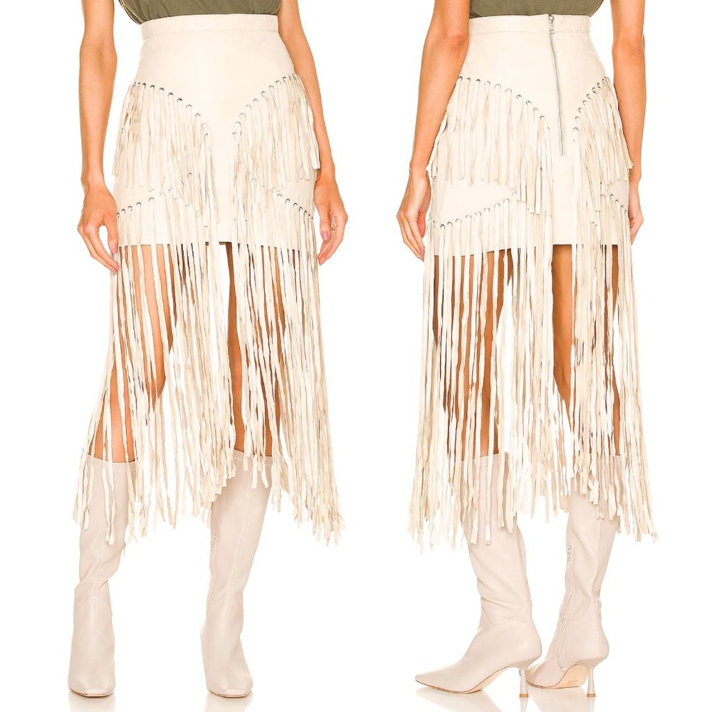 NEW Understated Leather x REVOLVE Motive Skirt in Cream Nude Mini Midi Fringe XS